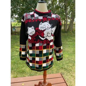 Vintage Holiday Time Cat Sweater Medium Black Acrylic Discoloration